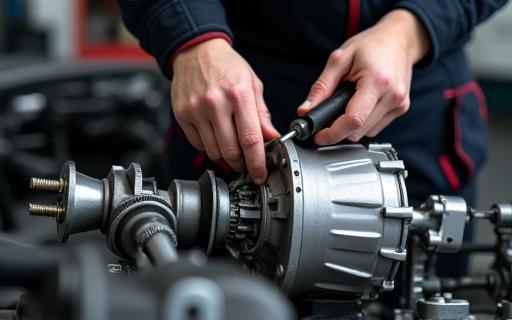 Mechanic working on car transmission